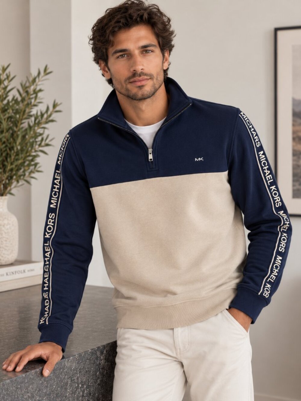 Michael Kors Men’s Colorblock Quarter Zip Logo Sweatshirt Navy Beige M